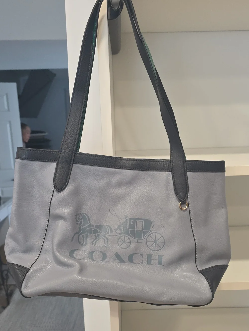 Coach Blue-Gray Leather Tote with Green Trim With Duster